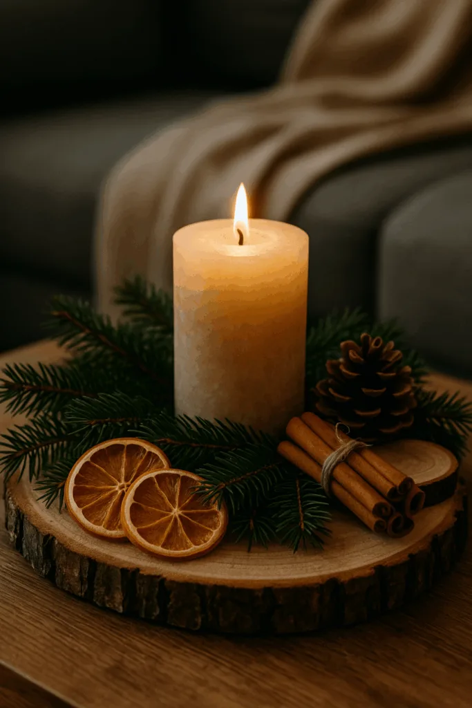 Natürliche Weihnachtsdeko für den Wohnzimmertisch mit Kerzen, Holz und Tannenzweigen