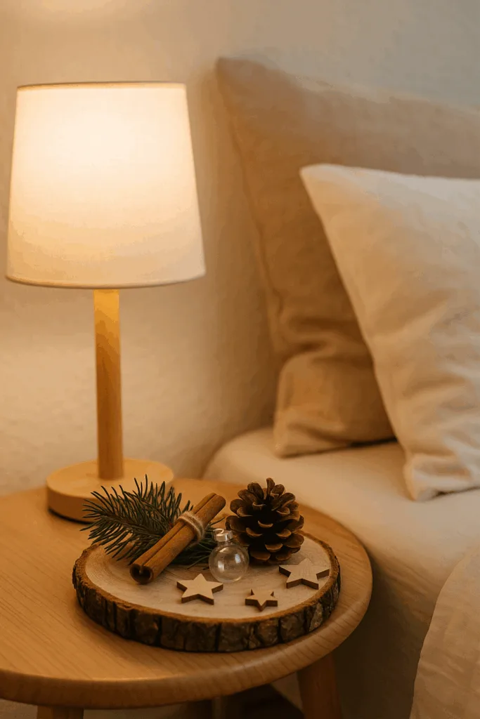 Natürliche Weihnachtsdeko für den Nachttisch mit Holzscheibe, Zweigen und Zapfen
