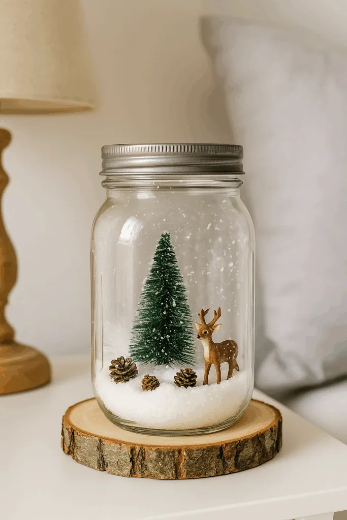 Weihnachtsdeko für den Nachttisch im Glas mit Tanne, Reh und Kunstschnee