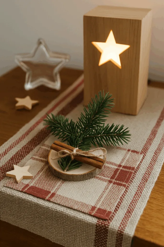 Weihnachtsdeko auf Nachttisch mit Holzlampe, Tannenzweig und Stoffläufer