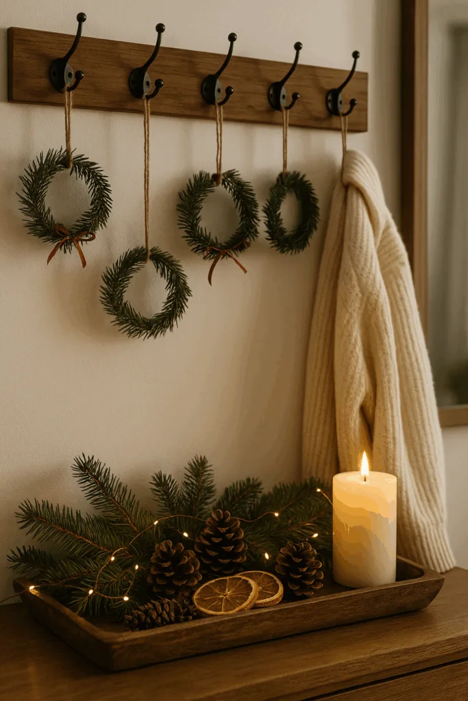 Weihnachtsdeko für Garderobe mit Tannenzweigen, Holzschale und Kerzenlicht