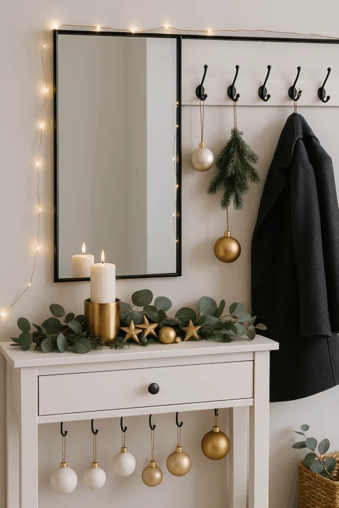 Moderne Weihnachtsdeko in Gold und Weiß an Garderobe mit Eukalyptus und Kerzen