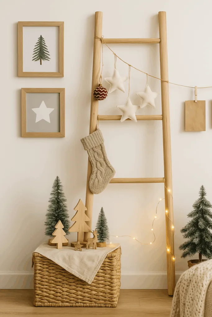 Skandinavische Weihnachtsdeko an der Garderobe mit Holzleiter, Lichterkette und Dekofiguren