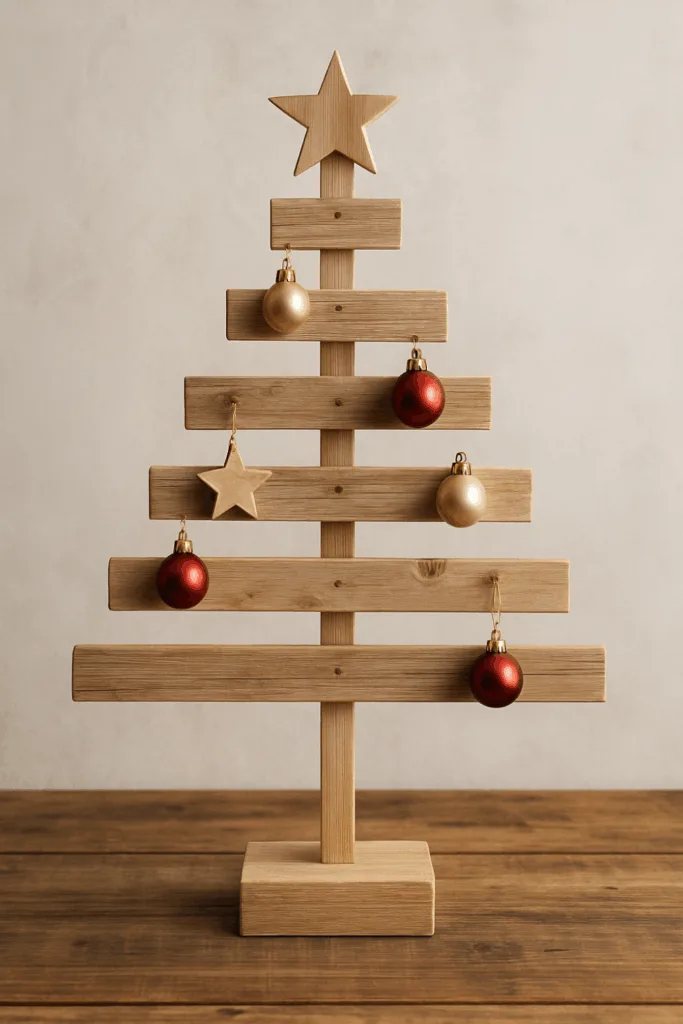 Holzideen zu Weihnachten - 4 kreative DIY-Projekte Weihnachtsbaum aus Holzlatten mit roten und goldenen Kugeln, DIY-Holzidee zu Weihnachten