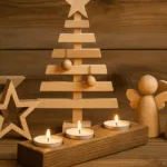 Weihnachtliche Holzideen mit Sternen, Engeln, Teelichtern und Holzbaum in Werkstatt