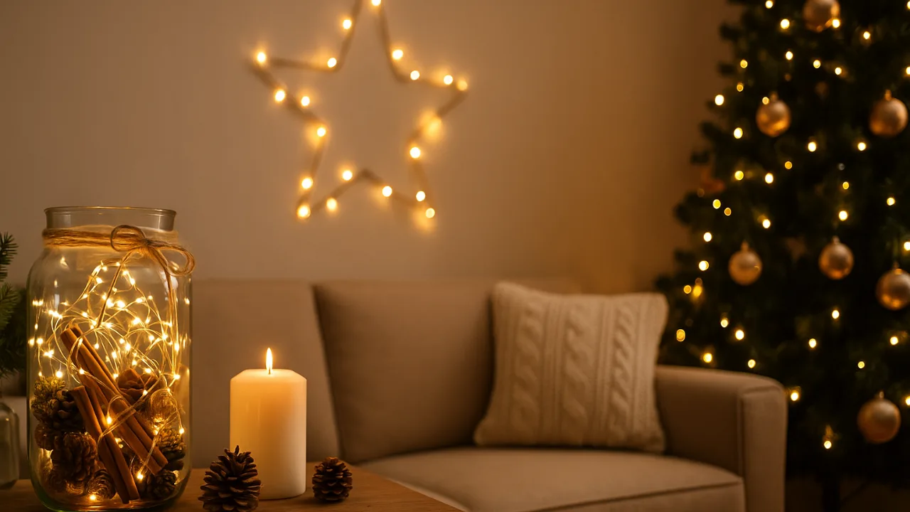 Weihnachtsdeko mit Lichterketten – 3 Ideen für ein festliches Zuhause Gemütliche Weihnachtsdeko mit Lichterketten im Glas, Kerze und Tannenbaum