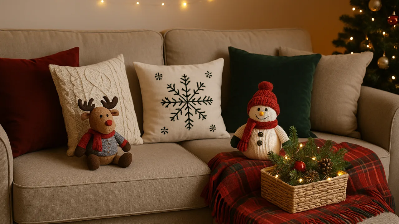 Beige Sofa mit Weihnachtskissen, Decke, Lichterkette und festlicher Deko