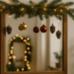 Weihnachtsdeko am Spiegel mit Zweigen, Lichterkette, Kugeln und Zapfen