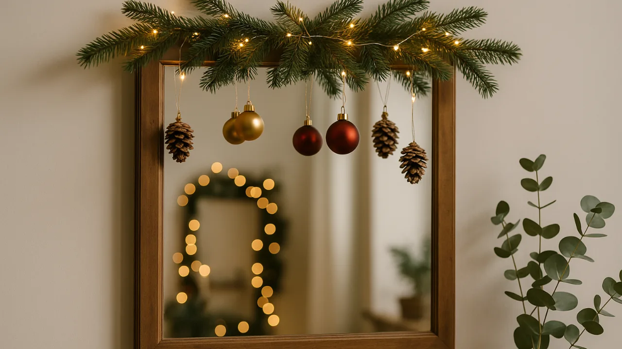 Weihnachtsdeko am Spiegel – 3 schöne Ideen zum Nachmachen Weihnachtsdeko am Spiegel mit Zweigen, Lichterkette, Kugeln und Zapfen