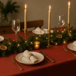Weihnachtlich gedeckter Tisch mit roter Tischdecke, Kerzen und Tannengrün