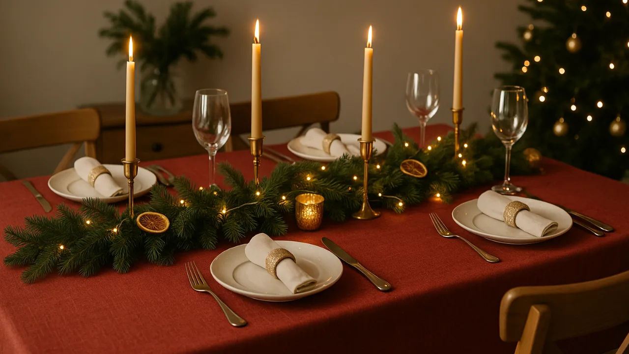 Weihnachtlich gedeckter Tisch mit roter Tischdecke, Kerzen und Tannengrün