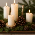 Tischdeko Winter Natur mit Moos, Tannenzapfen und weißen Kerzen