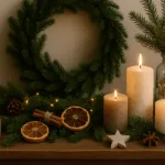 Weihnachtsdeko auf der Anrichte mit Holz, Kerzen, Tannenzweigen und Lichterkette