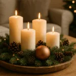 Weihnachtsdeko für den Wohnzimmertisch mit Kerzen, Tannenzweigen und Zapfen