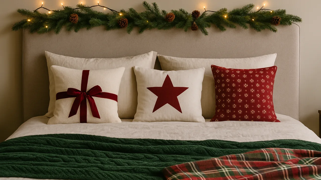 Weihnachtsdeko fürs Bett – 4 schöne Ideen für gemütliche Winternächte Weihnachtsdeko fürs Bett mit Kissen, Lichterkette und Tannenzweigen im warmen Licht
