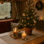 Weihnachtsdeko im Camper mit Mini-Tannenbaum, Lichterkette und Kerzenschein