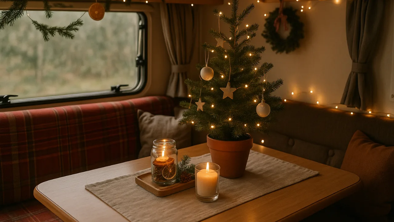 Weihnachtsdeko im Camper mit Mini-Tannenbaum, Lichterkette und Kerzenschein