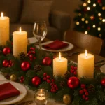 Weihnachtsdeko Esstisch mit roten Kugeln, Tannenzweigen und Kerzen in festlicher Stimmung