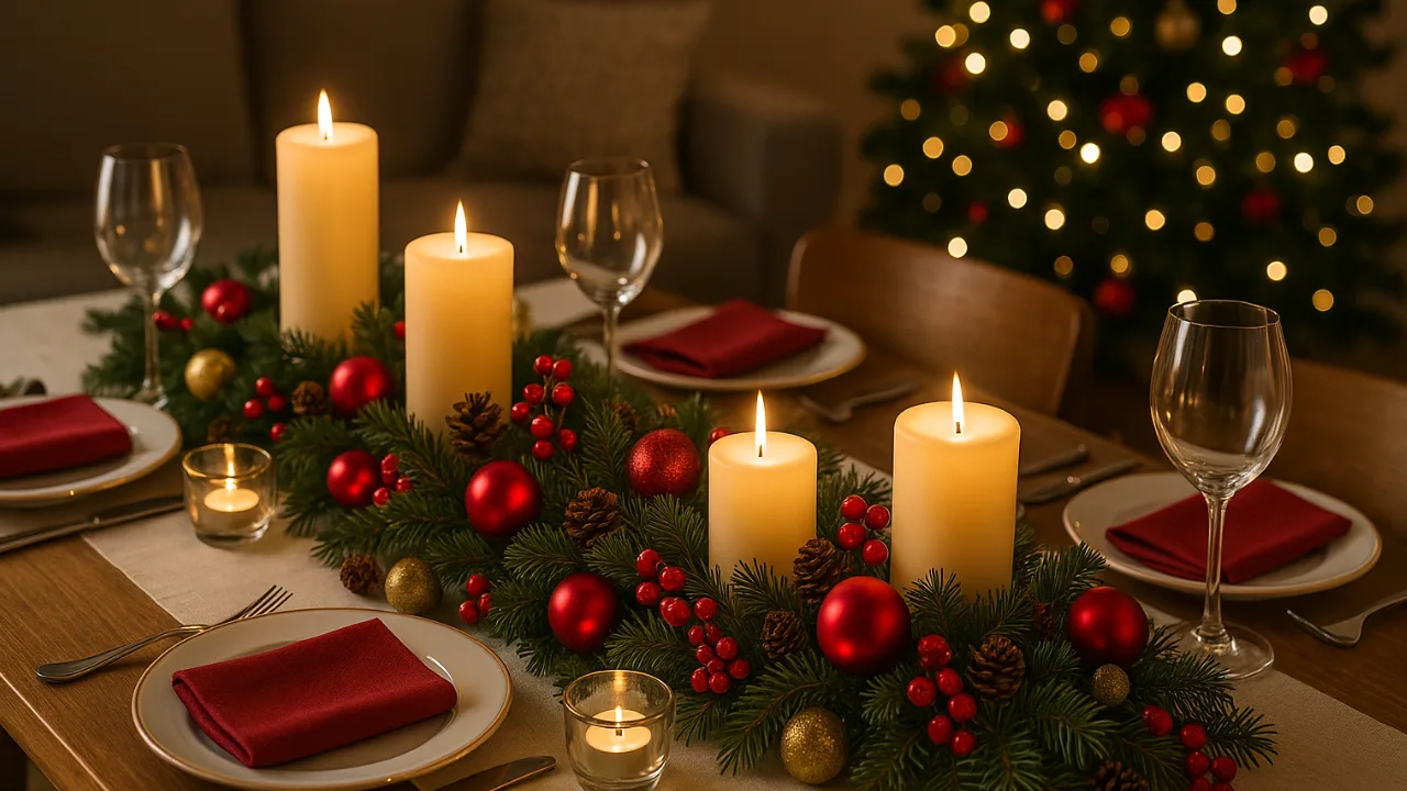 Weihnachtsdeko Esstisch mit roten Kugeln, Tannenzweigen und Kerzen in festlicher Stimmung