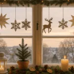 Weihnachtsdeko Fenster mit Lichterkette, Holzanhängern und Tannenzweigen