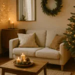 Kleine Wohnzimmer weihnachtlich dekoriert mit Mini-Baum, Lichterketten und Naturmaterialien