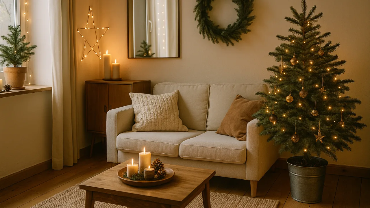 Weihnachtsdeko für kleine Wohnzimmer – 4 schöne Ideen für wenig Platz Kleine Wohnzimmer weihnachtlich dekoriert mit Mini-Baum, Lichterketten und Naturmaterialien