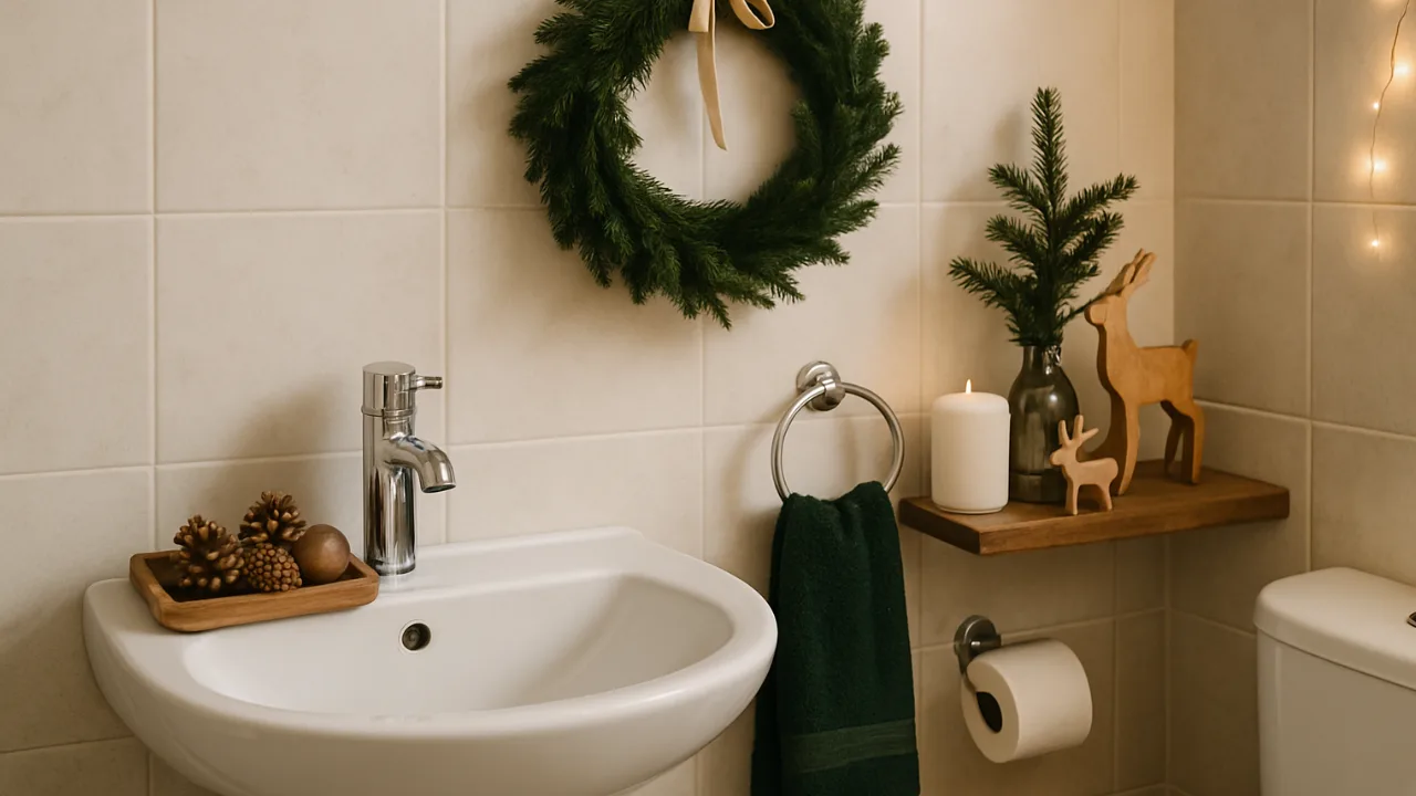 Weihnachtsdeko im Gäste-WC mit Kranz, Naturmaterialien und warmem Licht