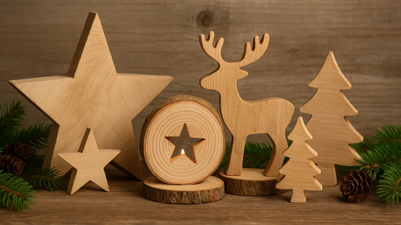 Holzsterne, Rentiere und Tannen als natürliche Weihnachtsdeko aus Holz auf Holztisch