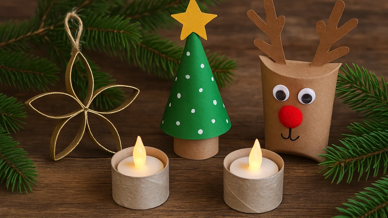 Realistische Weihnachtsdeko aus Klopapierrollen mit Stern, Baum, Rentier und Kerzen auf Holztisch