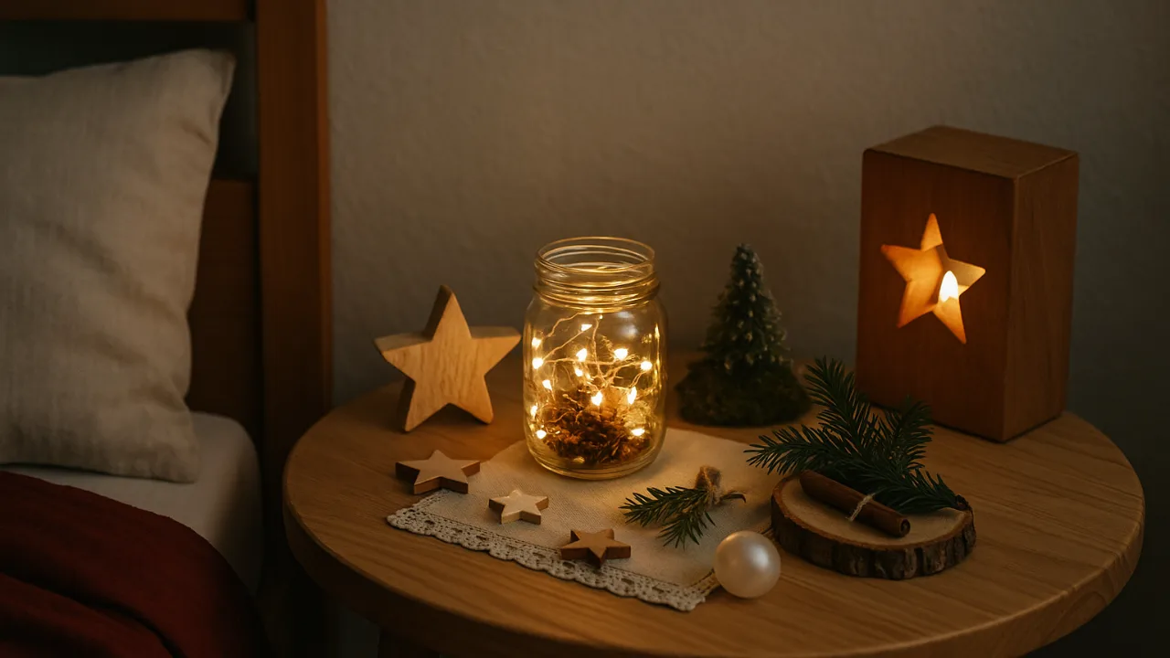 Weihnachtsdeko für den Nachttisch mit Lichterglas, Holzsternen und Tannenzweigen