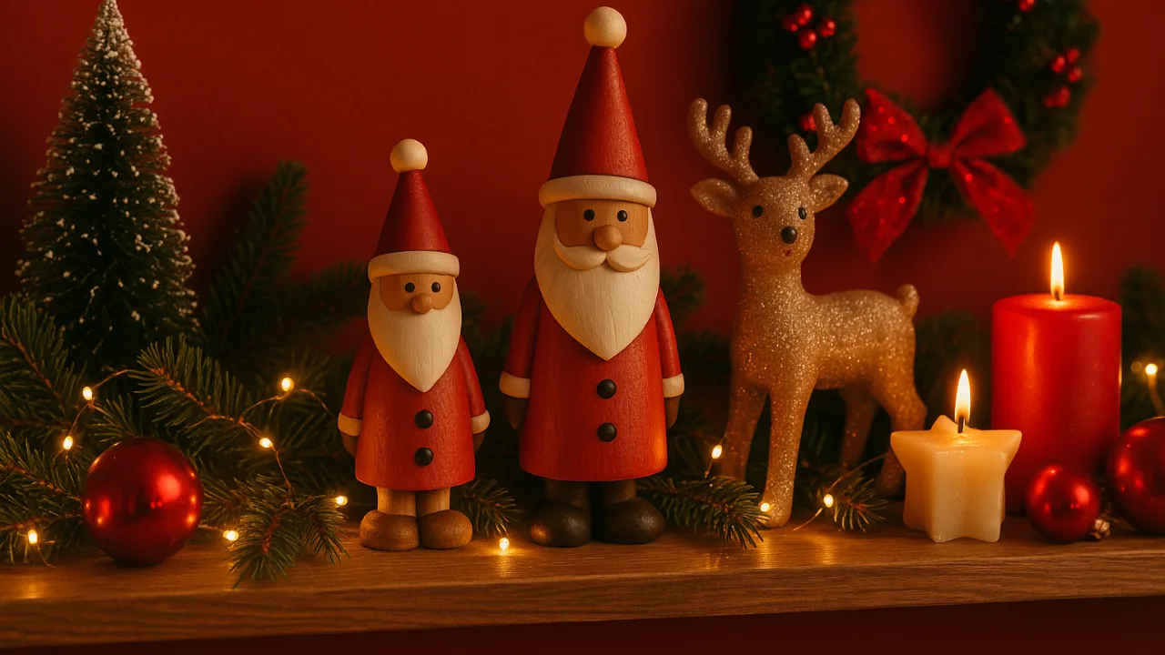 Weihnachtsdeko fürs Regal mit Weihnachtsmännern, Rentier, Kerzen und Tannenzweigen