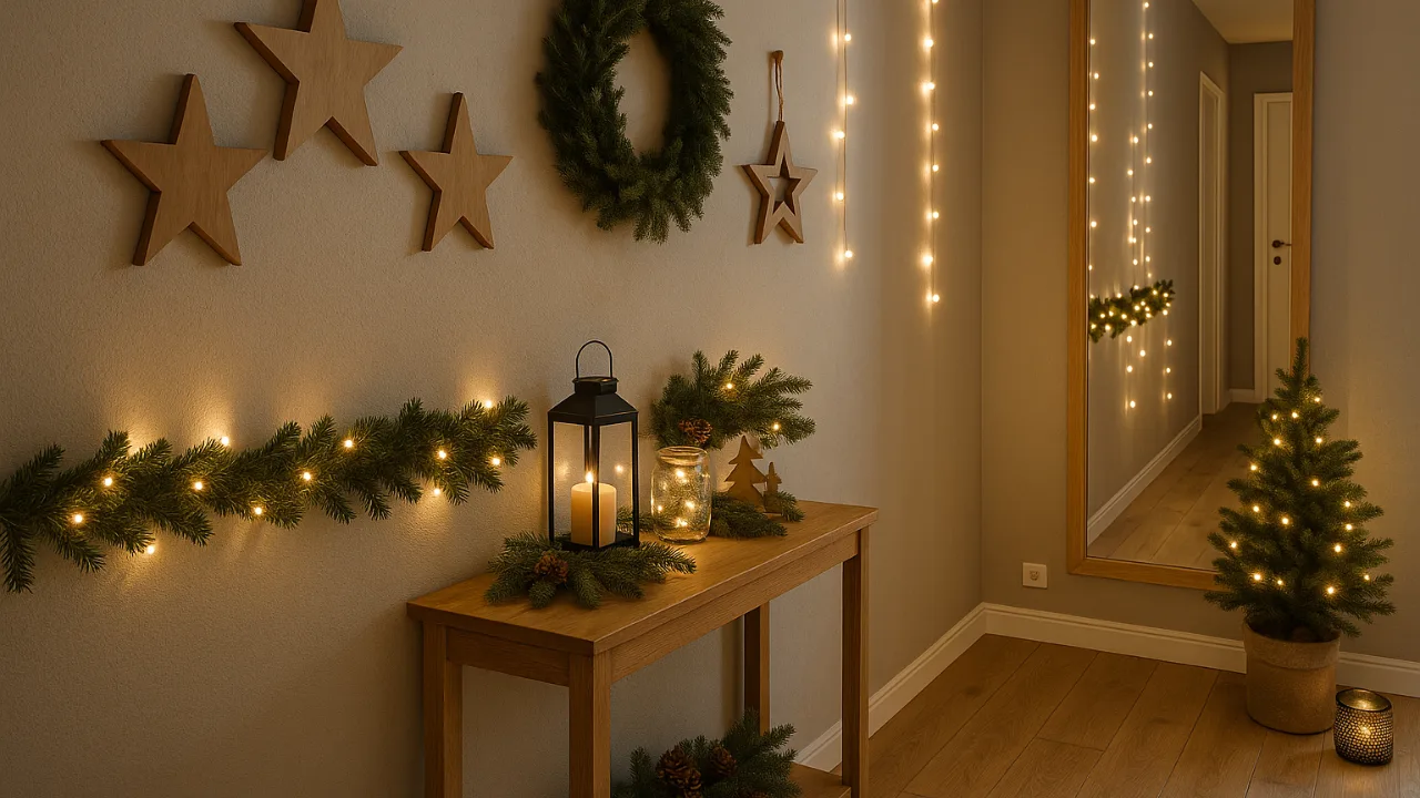 Weihnachtsdeko für schmale Flure mit Lichterketten, Kranz, Holzsternen und Tannenzweigen