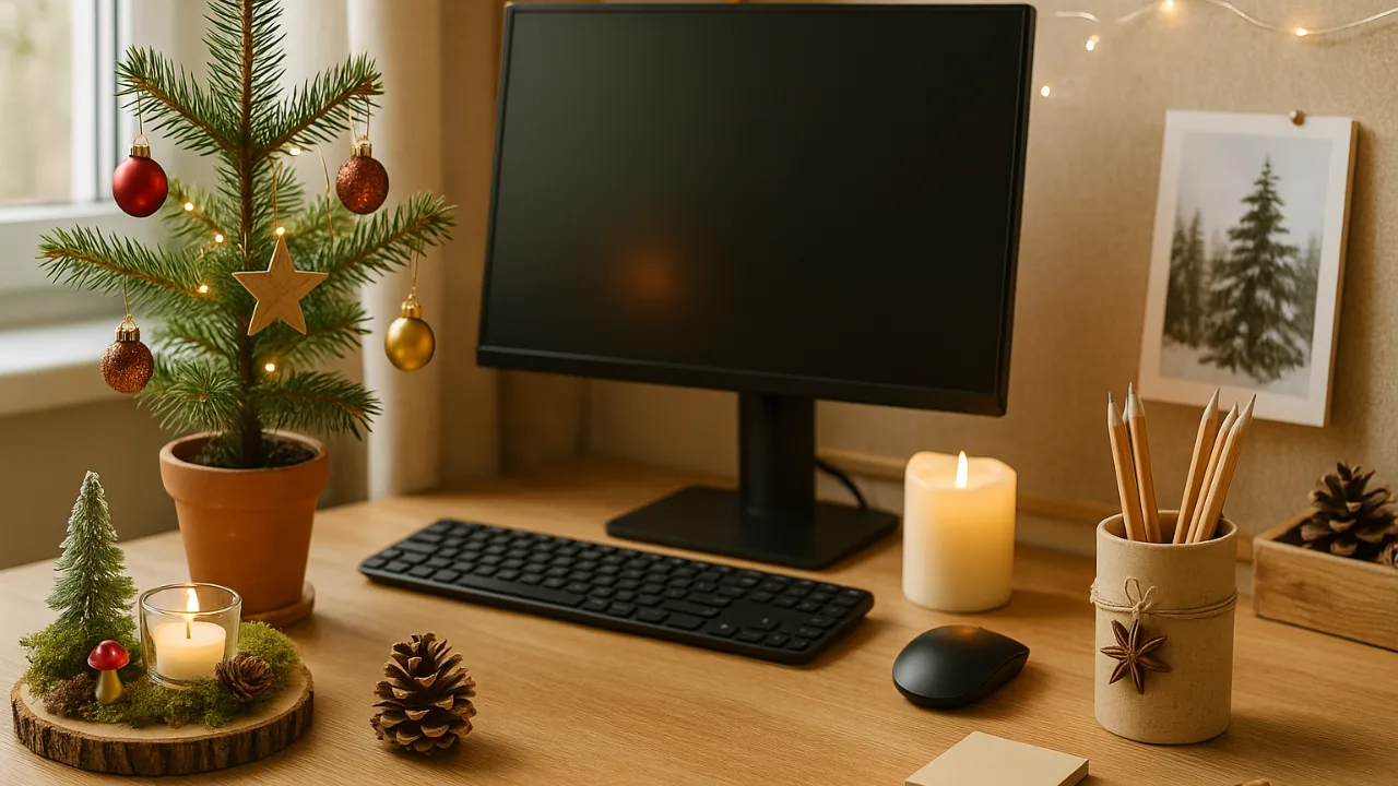 Weihnachtsdeko für den Schreibtisch – 5 schöne Ideen für deinen Arbeitsplatz Weihnachtsdeko für den Schreibtisch mit Mini-Baum, Kerze und Naturmaterialien