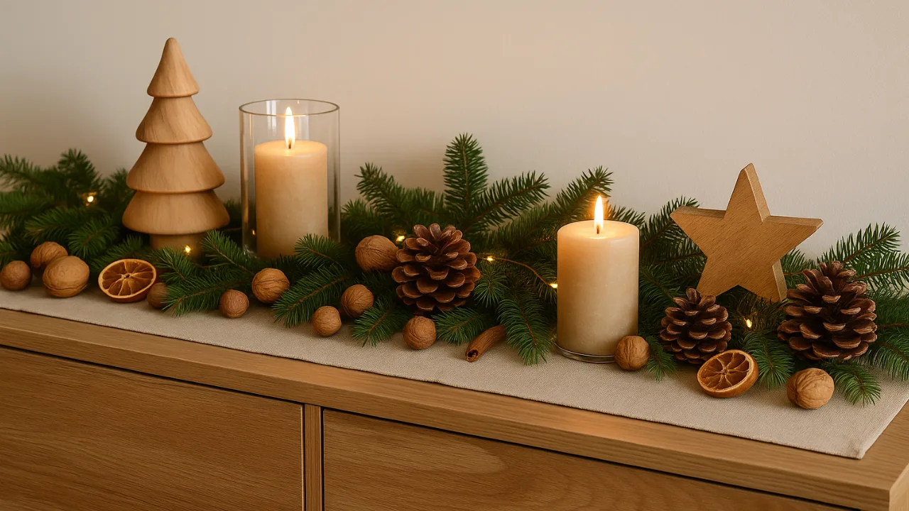 Weihnachtsdeko für das Sideboard mit Tannenzweigen, Zapfen und Kerzen