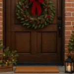 Weihnachtsdeko Haustür mit Kranz, Lichterketten, Tannenzweigen und Laternen im Schnee