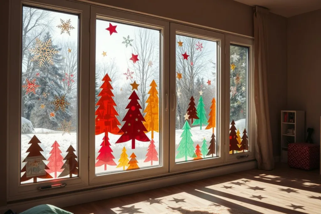 Weihnachtsdeko für das Kinderzimmer - 4 Ideen, die Kinderaugen strahlen lassen Weihnachtliche Fensterdeko mit bunten Tannenbäumen und Sternen für festliche Winterstimmung im Raum