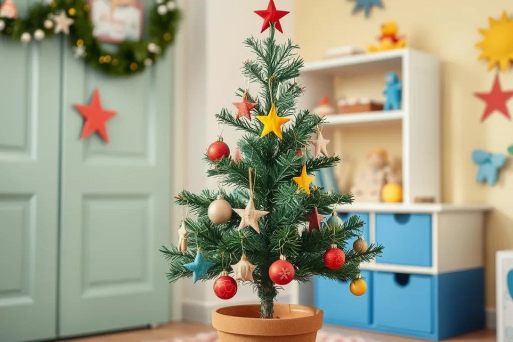 Weihnachtsdeko für das Kinderzimmer - 4 Ideen, die Kinderaugen strahlen lassen Kleiner Weihnachtsbaum mit bunter Weihnachtsdeko und Sternen im Kinderzimmer für festliche Stimmung