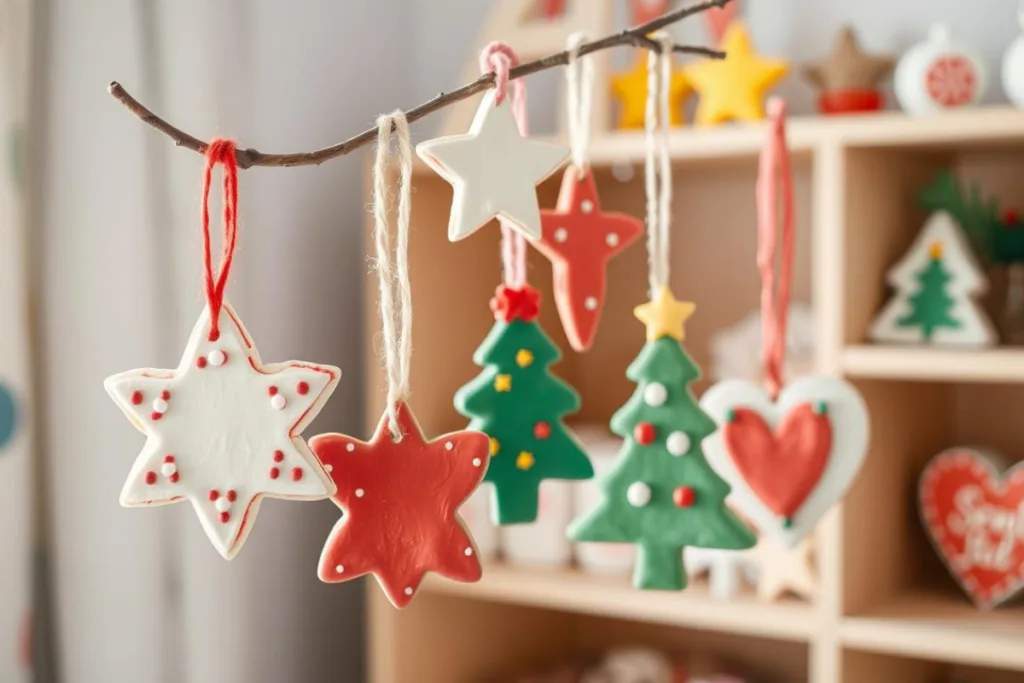 Weihnachtsdeko für das Kinderzimmer - 4 Ideen, die Kinderaugen strahlen lassen Selbstgemachte Weihnachtsanhänger aus Knete in Stern- und Tannenbaumformen als kreative Weihnachtsdeko