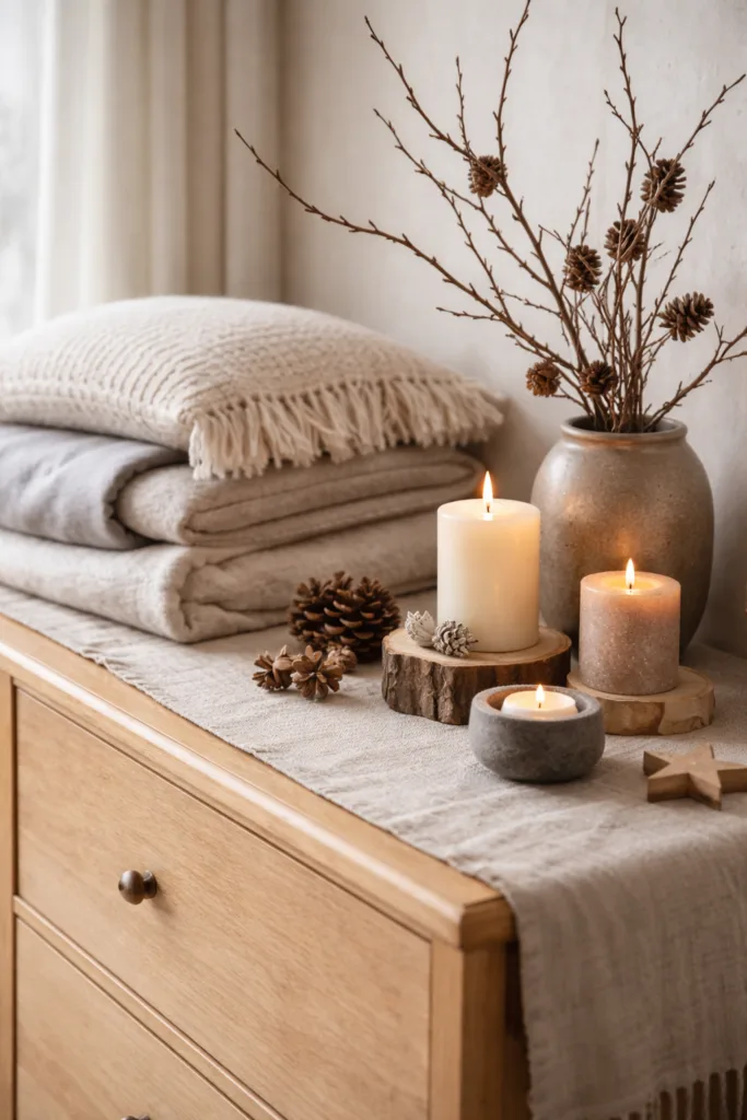 Winterdeko für die Kommode - 6 gemütliche Ideen mit Naturcharakter Winterdeko für die Kommode mit Kerzen, Zapfen, Zweigen und Textilien in natürlichen Farben, gemütlich arrangiert