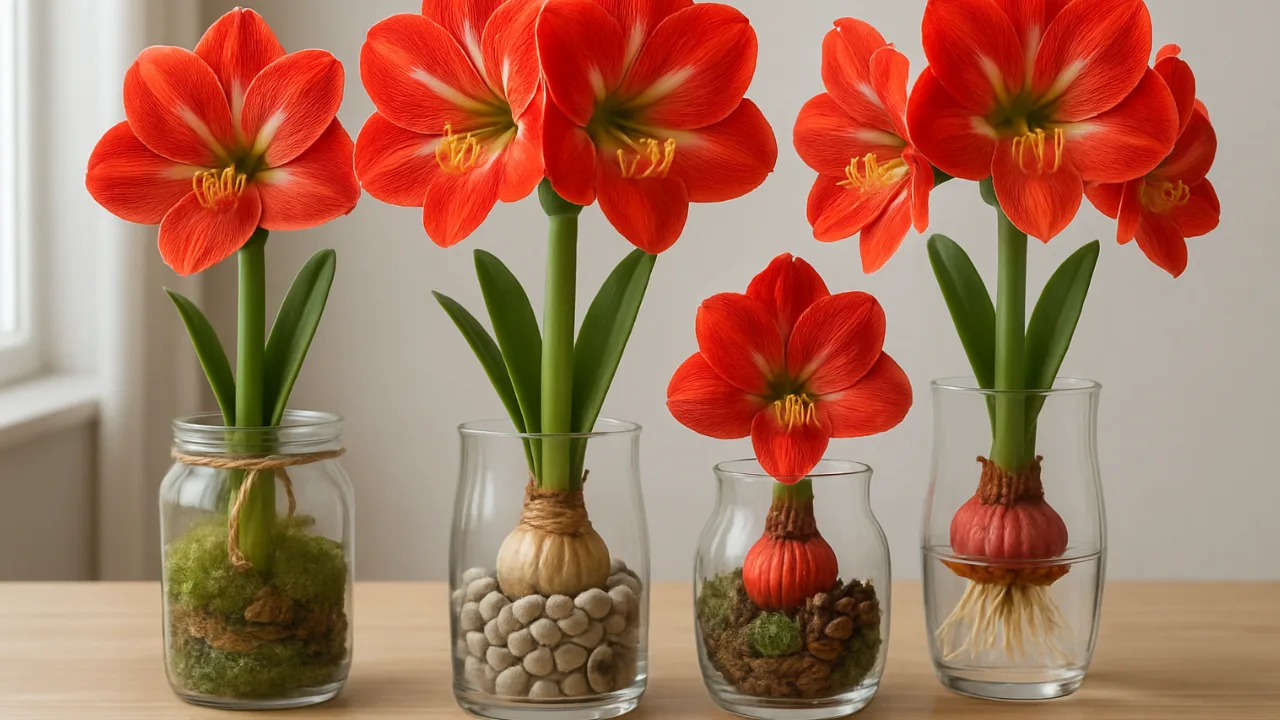 Amarillys Deko im Glas: blühende Amarillys in Glasgefäßen als stilvolle Wohn- und Tischdekoration
