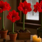 Rote Amaryllis Deko im Wohnzimmer mit Kerzen auf rustikalem Holztisch