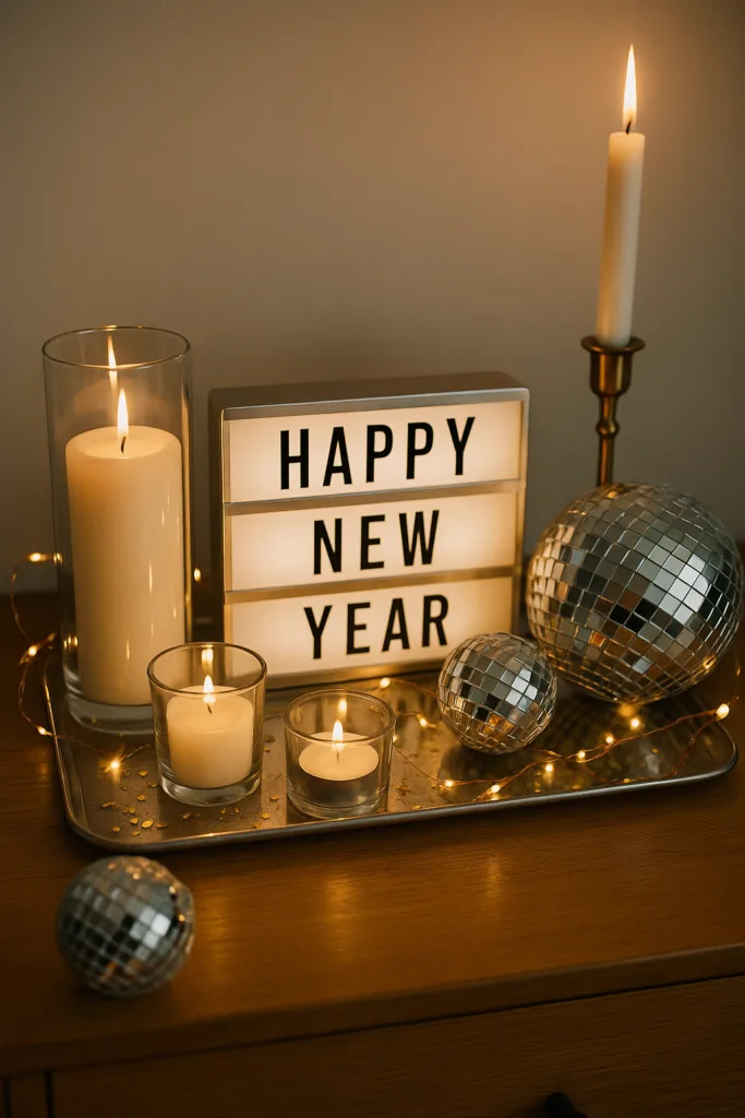 Silvesterdeko für das Sideboard - 5 Ideen von elegant bis gemütlich Silvesterdeko mit Kerzen, Lichterkette und Spiegelkugeln auf einem Sideboard