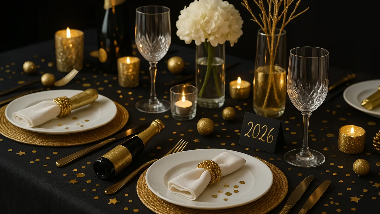 Elegante Silvesterdeko für den Esstisch mit goldener Tischdecke und Kerzen