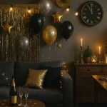 Festlich geschmücktes Wohnzimmer mit goldener, schwarzer und silberner Silvesterdeko und Lichterketten