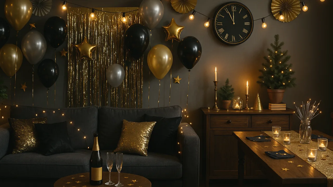 Festlich geschmücktes Wohnzimmer mit goldener, schwarzer und silberner Silvesterdeko und Lichterketten