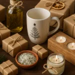 Selbstgemachte Weihnachtsgeschenke aus Holz, Beton und Naturmaterialien auf Holztisch
