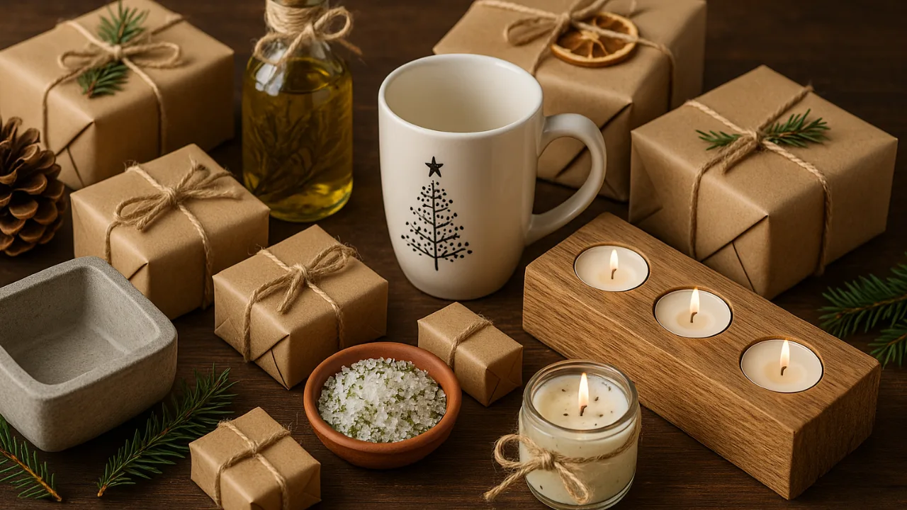 Weihnachtsgeschenke selber machen – 6 kreative Ideen, die von Herzen kommen Selbstgemachte Weihnachtsgeschenke aus Holz, Beton und Naturmaterialien auf Holztisch