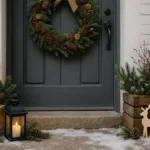 „Winterdeko für die Haustür mit Tannenzweigen, Holzlaternen und Zapfen im Schnee.“