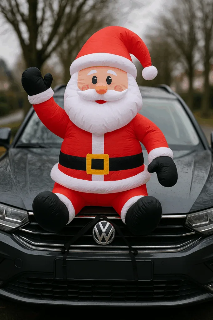 Aufblasbarer Weihnachtsmann sitzt auf einem Auto als festliche Weihnachtsdeko im Winter.