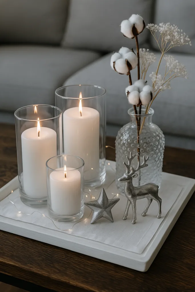 Winterdeko Couchtisch mit weißen Kerzen, Silberfigur und Glasvase in elegantem Stil